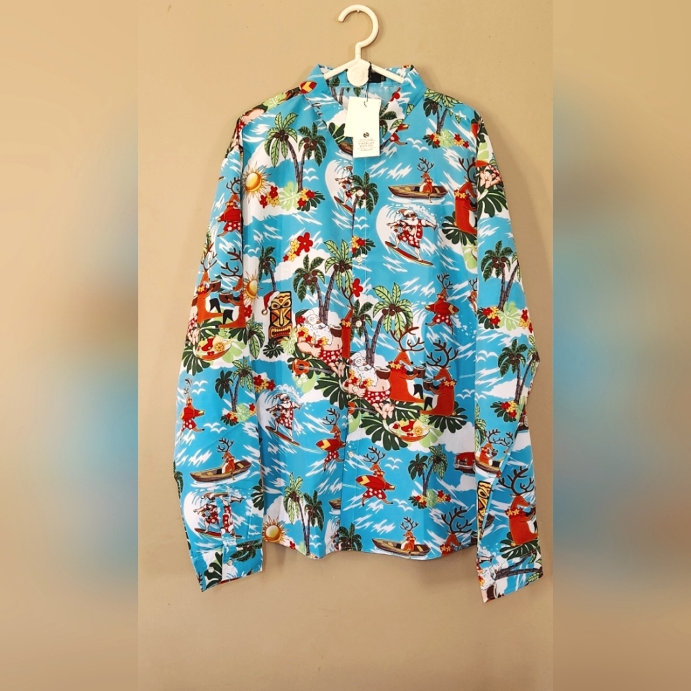 SSLR Mens Hawaiian Shirt 2XL  Long Sleeve Christmas Reindeers Santa Surfer Beach